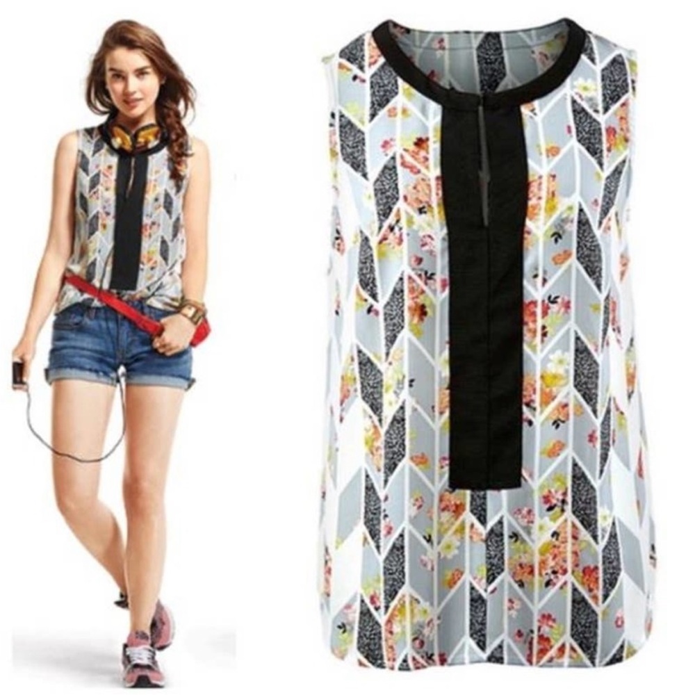 CAbi #249 Womens Floral Sleeveless Blouse Gray Grosgrain Ribbon Geometric Sz Lg